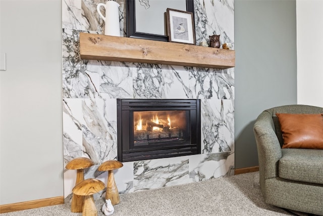 interior details with carpet and a fireplace