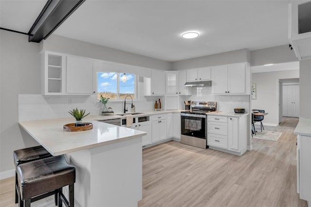 kitchen featuring electric range, glass insert cabinets, a peninsula, under cabinet range hood, and a sink