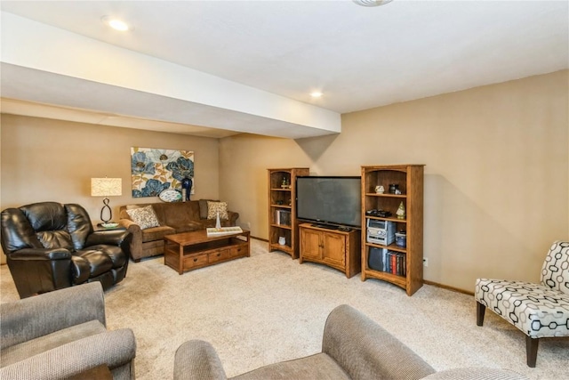 living room with light carpet, recessed lighting, and baseboards