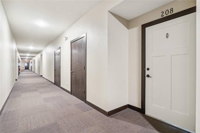 hall featuring carpet and baseboards