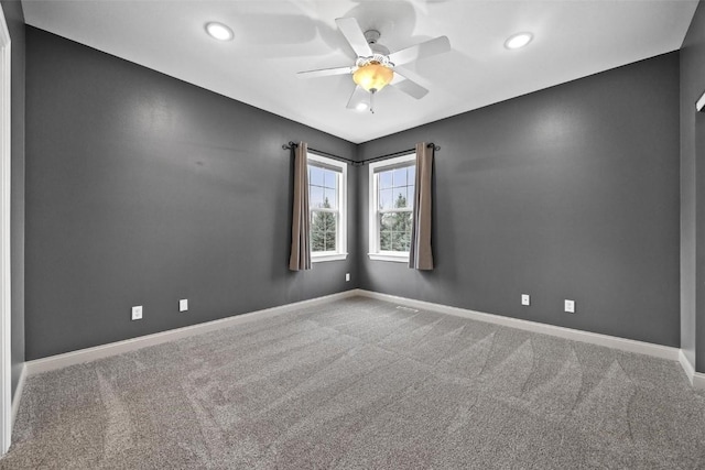 unfurnished room featuring carpet floors, baseboards, a ceiling fan, and recessed lighting