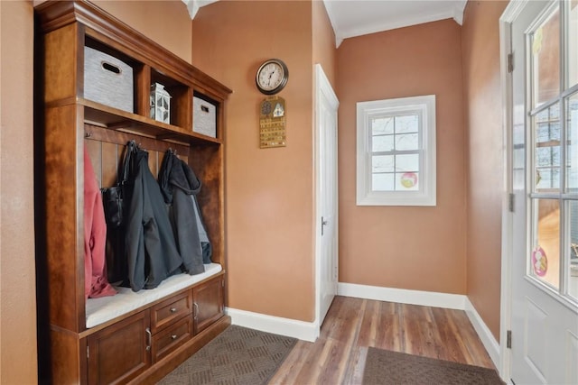 mudroom with crown molding, wood finished floors, and baseboards