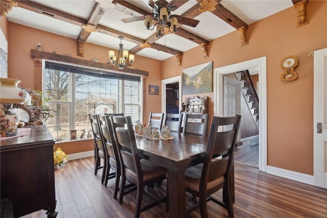 dining area featuring stairs, beamed ceiling, wood finished floors, and baseboards