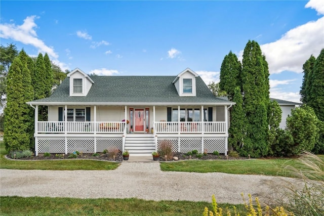 new england style home with a porch and a shingled roof