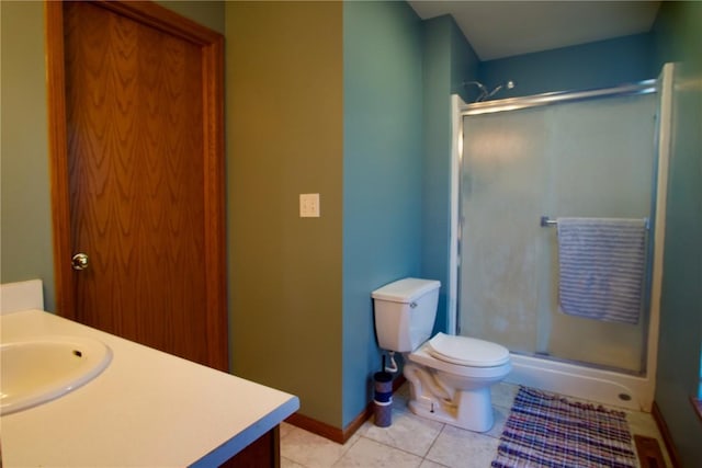 bathroom with vanity, a shower stall, toilet, and tile patterned floors