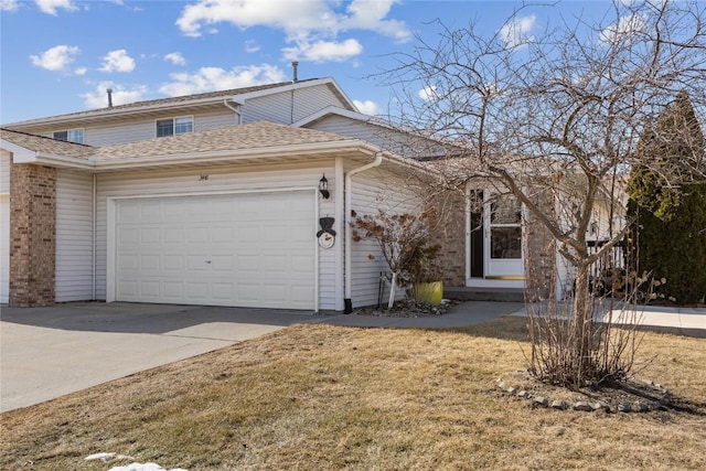 view of front of property featuring a garage, roof with shingles, concrete driveway, and brick siding