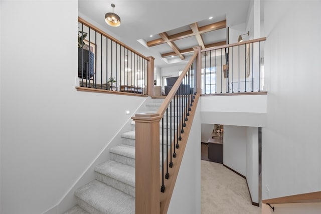 staircase with recessed lighting, coffered ceiling, baseboards, beamed ceiling, and carpet