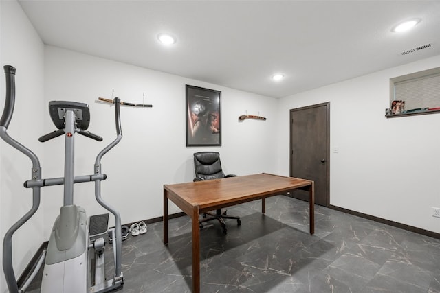 office with recessed lighting, marble finish floor, visible vents, and baseboards