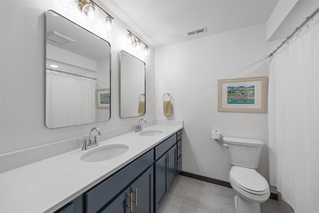 full bathroom featuring visible vents, a sink, toilet, and double vanity