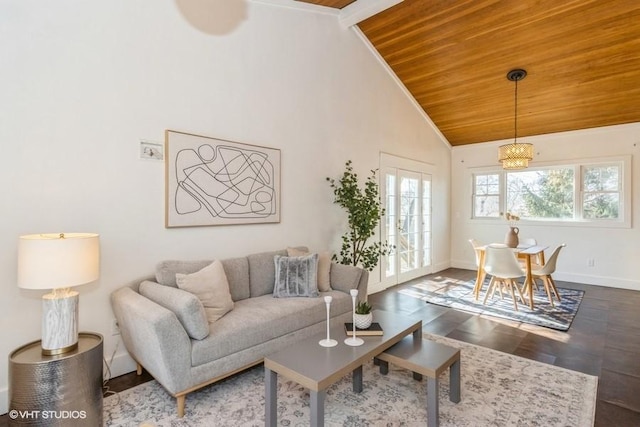 living room featuring high vaulted ceiling, dark wood-type flooring, wooden ceiling, and baseboards