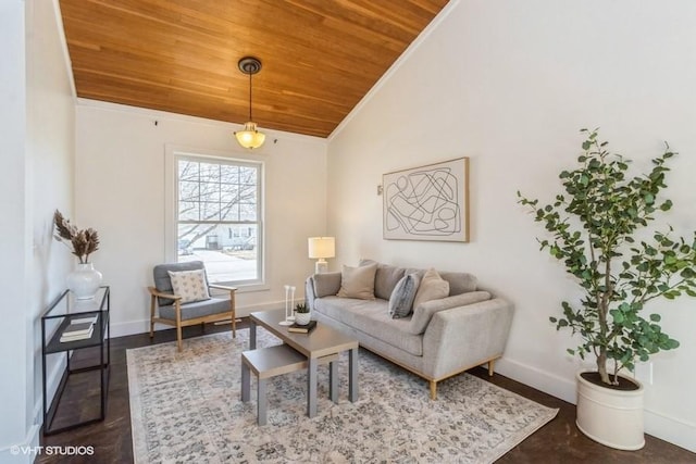 living room featuring vaulted ceiling, ornamental molding, wood ceiling, and baseboards