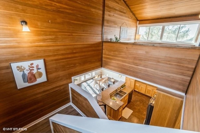 interior space with vaulted ceiling, wood walls, and wood ceiling