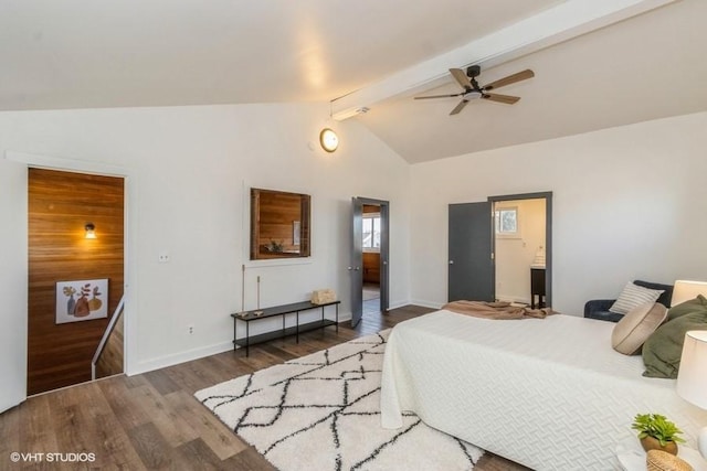 bedroom with ceiling fan, lofted ceiling with beams, baseboards, and wood finished floors