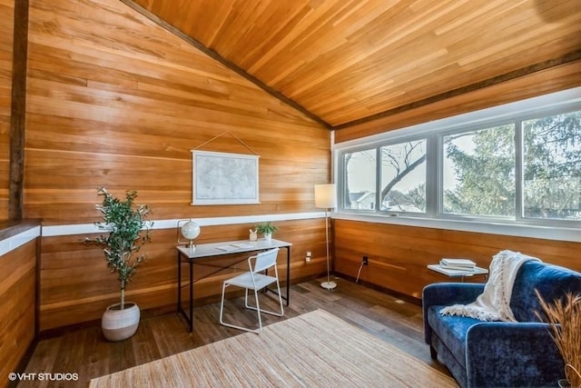 home office with wood ceiling, vaulted ceiling, wooden walls, and wood finished floors