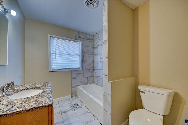 full bathroom featuring toilet, vanity, visible vents, baseboards, and marble finish floor