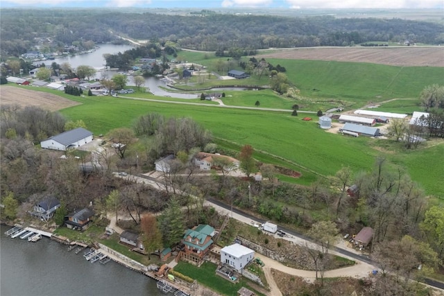 bird's eye view with a water view and a rural view