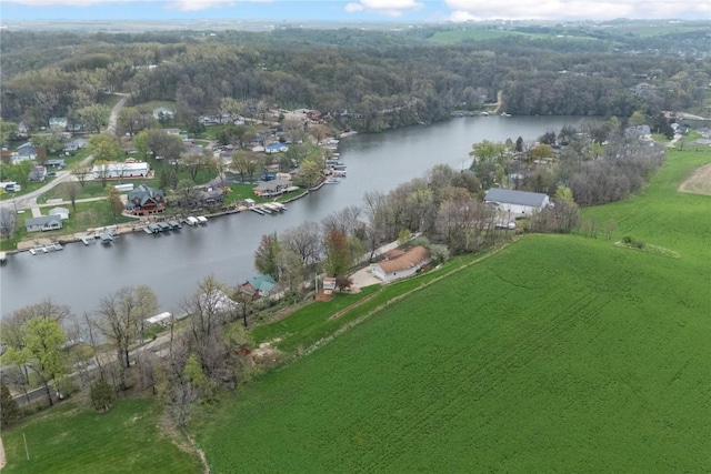 drone / aerial view with a water view and a forest view