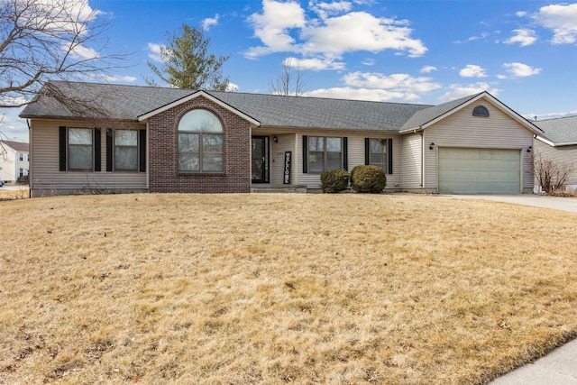 ranch-style house featuring driveway, a garage, roof with shingles, a front lawn, and brick siding