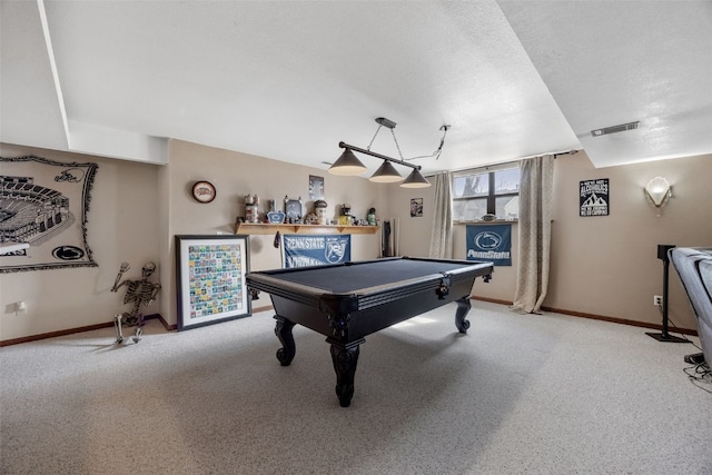 playroom with baseboards, visible vents, light colored carpet, pool table, and a textured ceiling