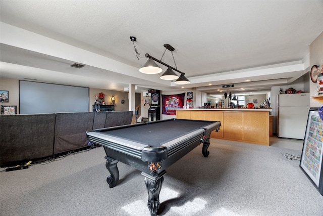 playroom featuring light carpet, a dry bar, billiards, and visible vents