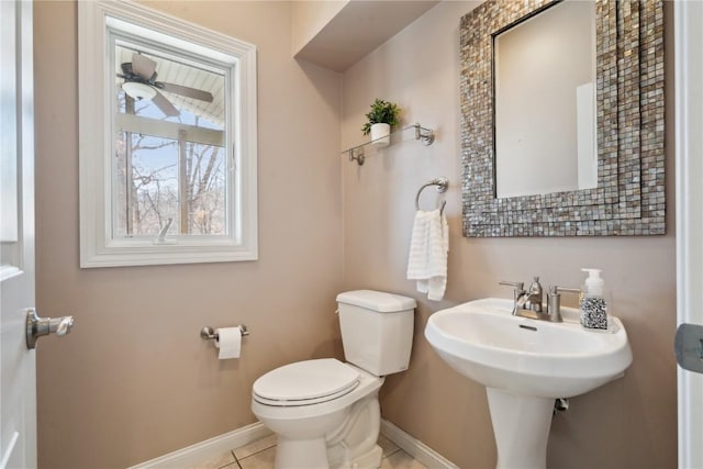 half bath featuring a ceiling fan, tile patterned flooring, baseboards, and toilet