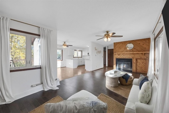 living room with a glass covered fireplace, wood finished floors, baseboards, and wood walls