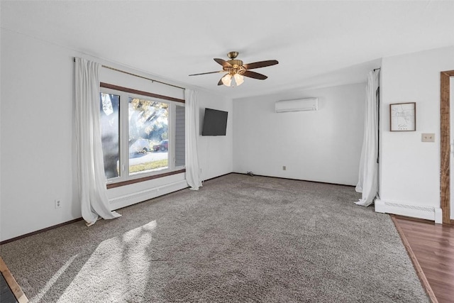 unfurnished room with ceiling fan, carpet flooring, baseboard heating, and a wall mounted AC