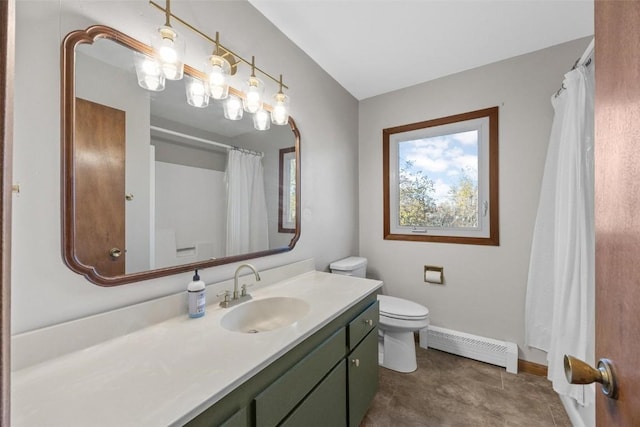 full bathroom featuring curtained shower, baseboards, toilet, vanity, and a baseboard radiator