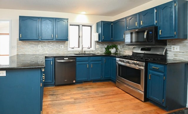 kitchen featuring stainless steel appliances, light wood-style floors, a sink, and blue cabinetry