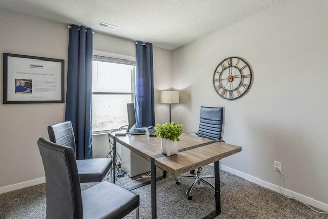 office with baseboards, visible vents, and carpet flooring