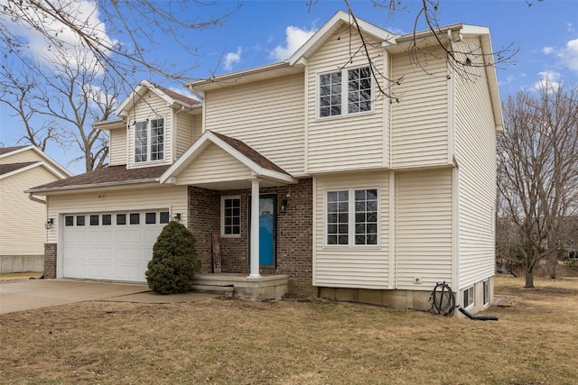 view of front of property with driveway, a front yard, a garage, and brick siding