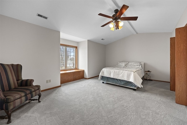 bedroom with vaulted ceiling with beams, visible vents, a ceiling fan, carpet flooring, and baseboards