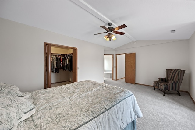 carpeted bedroom featuring lofted ceiling with beams, visible vents, baseboards, a spacious closet, and a closet