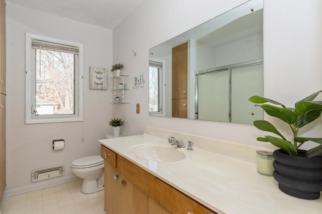 full bathroom with toilet, tile patterned floors, an enclosed shower, and vanity