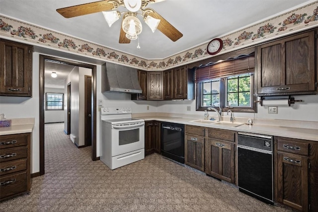 kitchen featuring a sink, black dishwasher, dark brown cabinets, wall chimney range hood, and white range with electric cooktop