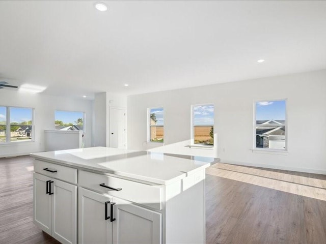 kitchen with recessed lighting, open floor plan, a kitchen island, and wood finished floors