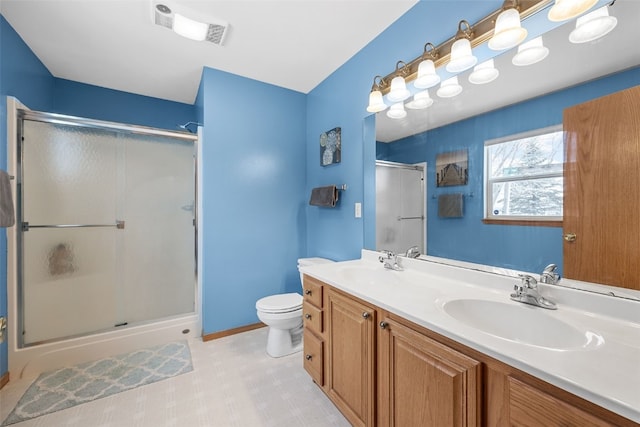 full bath featuring double vanity, visible vents, toilet, a sink, and a shower stall