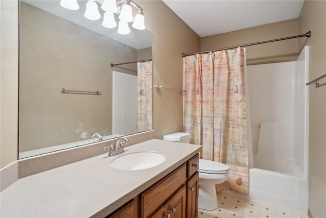 full bath with toilet, shower / bath combo, vanity, and tile patterned floors