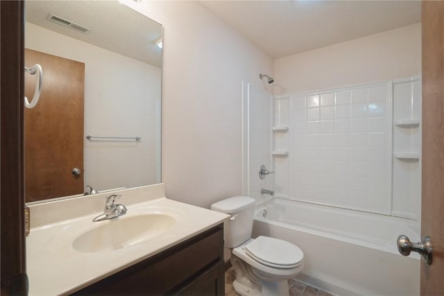 full bath featuring toilet,  shower combination, vanity, and visible vents