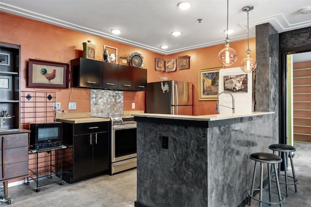 400 1st St SE Unit 203, Cedar Rapids, IA 52401 - bar area with stainless steel appliances, concrete floors, decorative backsplash, decorative light fixtures, and crown molding