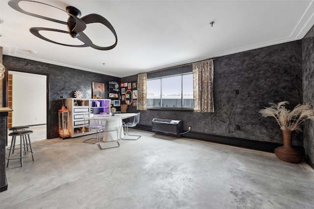 400 1st St SE Unit 203, Cedar Rapids, IA 52401 - interior space with crown molding, concrete floors, a wall mounted air conditioner, a ceiling fan, and a desk