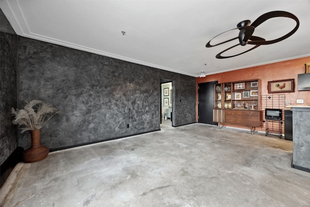 400 1st St SE Unit 203, Cedar Rapids, IA 52401 - unfurnished living room with concrete floors, a ceiling fan, and ornamental molding