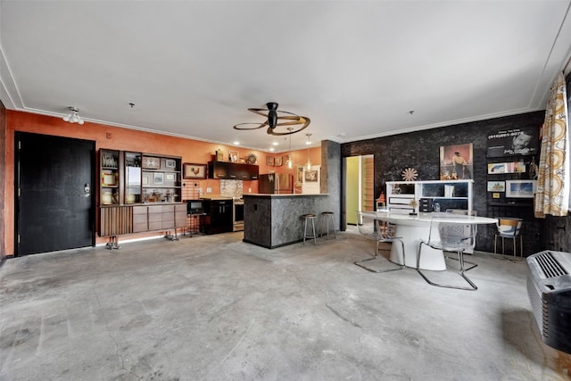 400 1st St SE Unit 203, Cedar Rapids, IA 52401 - living area featuring concrete floors, ceiling fan, and crown molding