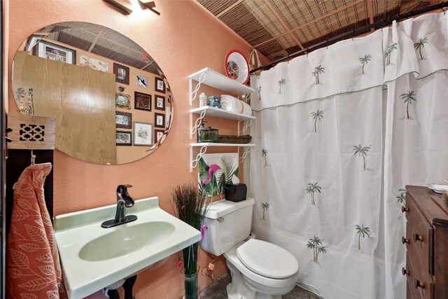 400 1st St SE Unit 203, Cedar Rapids, IA 52401 - bathroom with a textured wall, toilet, a sink, and shower / bath combination with curtain