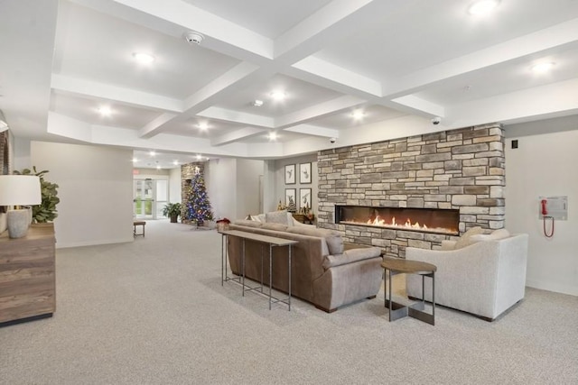 living area featuring carpet, a fireplace, recessed lighting, coffered ceiling, and beamed ceiling