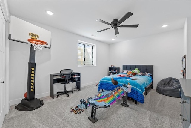 bedroom with recessed lighting, visible vents, carpet flooring, ceiling fan, and baseboards