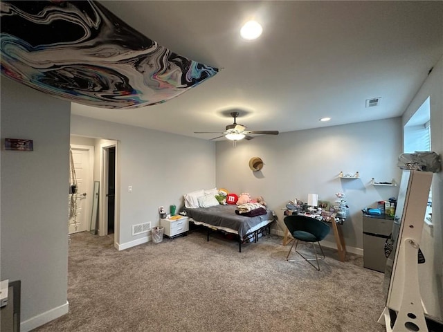 bedroom featuring baseboards, visible vents, a ceiling fan, carpet floors, and recessed lighting