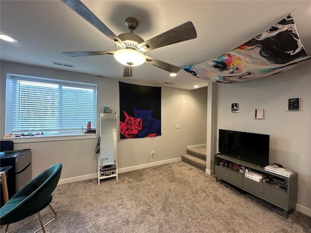 interior space with recessed lighting, visible vents, ceiling fan, and baseboards