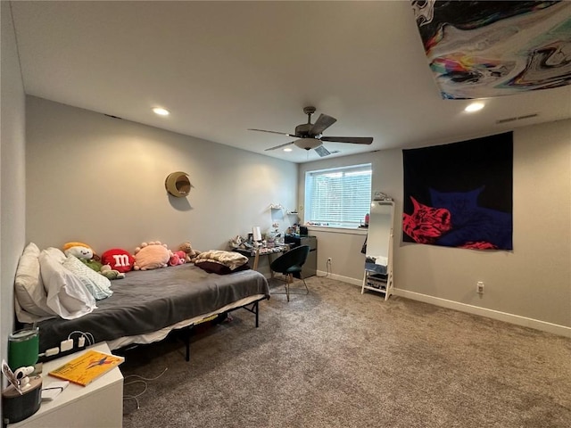 bedroom featuring ceiling fan, recessed lighting, carpet, and baseboards