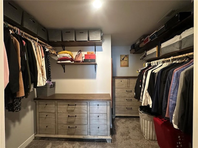 spacious closet with dark colored carpet